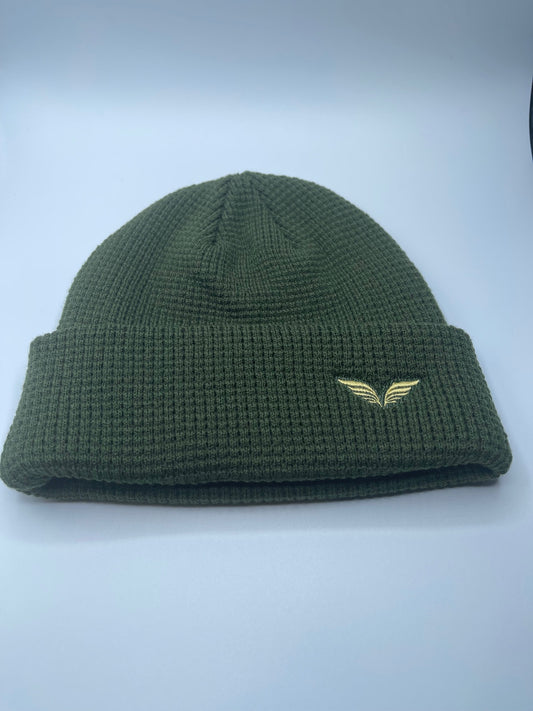 Golfeur Olive with Gold Logo Waffle Beanie