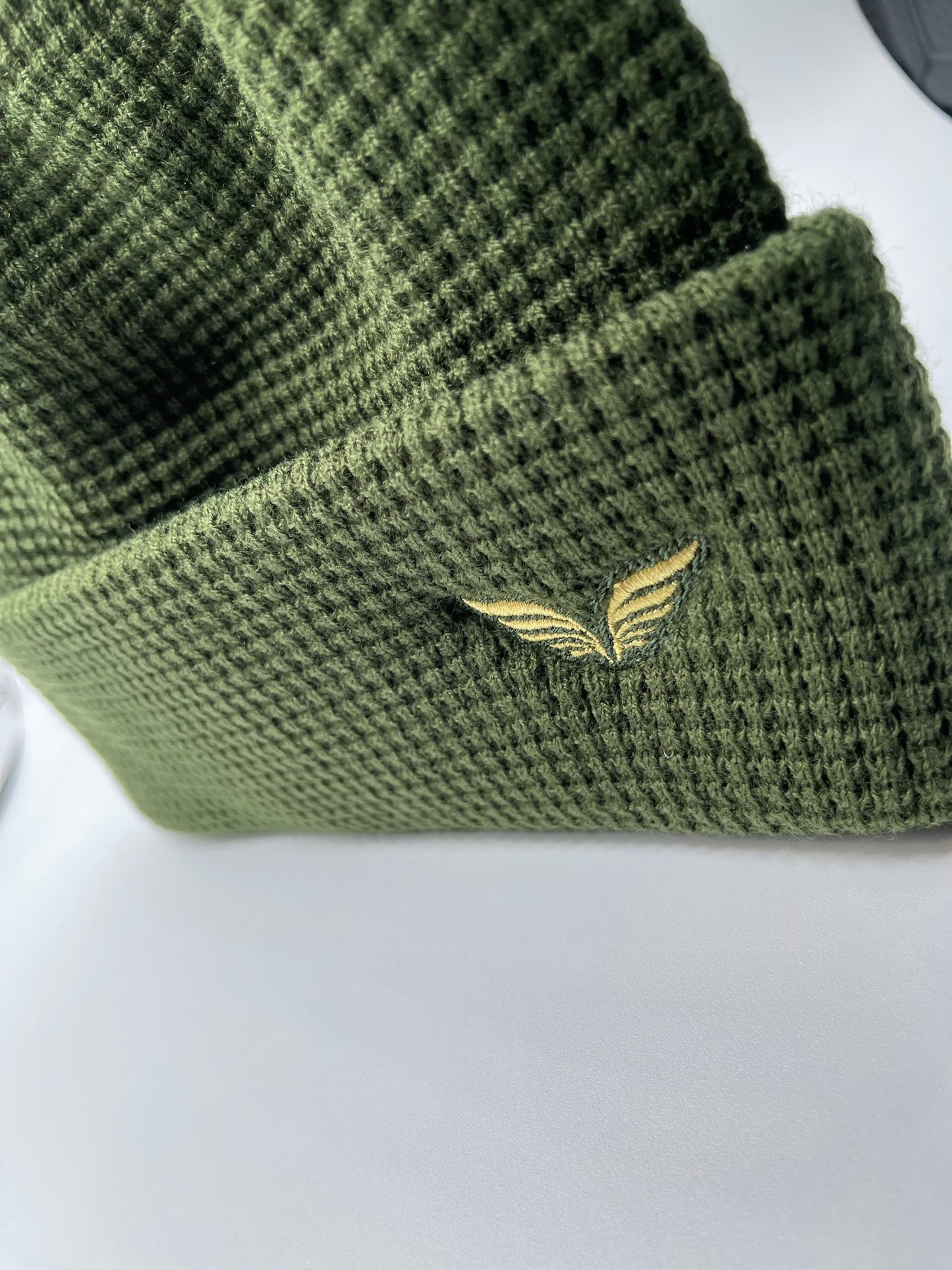 Golfeur Olive with Gold Logo Waffle Beanie